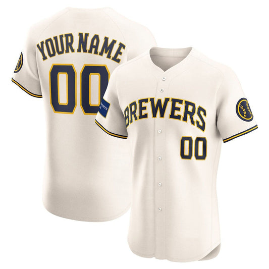 Custom Milwaukee Brewers Home Elite Sponsor Patch Jersey ¡§C Cream Stitched Baseball Jersey
