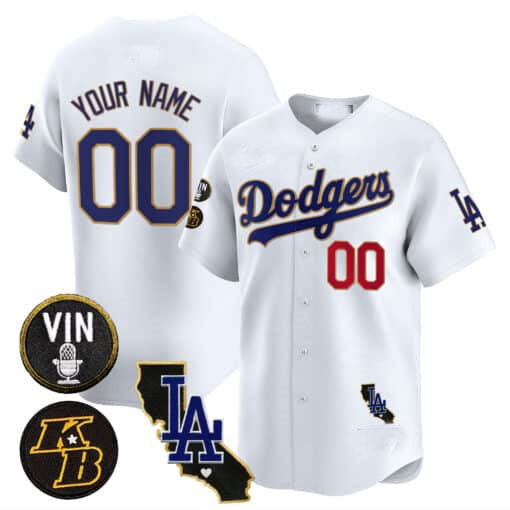 Custom Los Angeles Dodgers Vin Patch & Kobe Bryant Gold Trim Vapor Premier Limited V2 ¡§C All Stitched Baseball Jersey