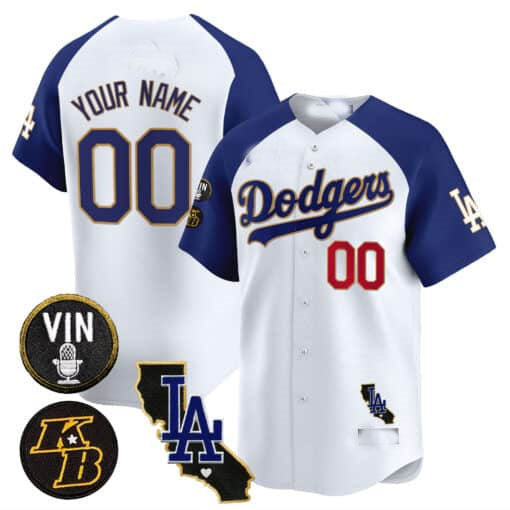 Custom Los Angeles Dodgers Vin Patch & Kobe Bryant Gold Trim Vapor Premier Limited V2 ¡§C All Stitched Baseball Jersey