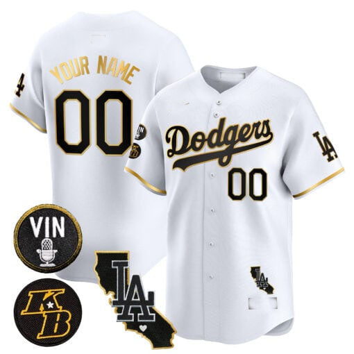 Custom Los Angeles Dodgers Vin Patch & Kobe Bryant Gold Trim Vapor Premier Limited V2 ¡§C All Stitched Baseball Jersey
